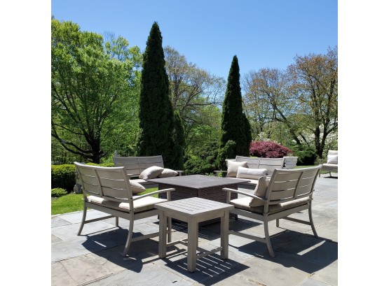 Summer Classics! Charleston Aluminum Outdoor Propane Firepit & (4) Benches With Cushions Set