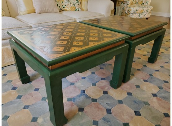 Pair Of Lovely High End Custom Coffee Tables / End Tables - Emerald Green With Gold Accents