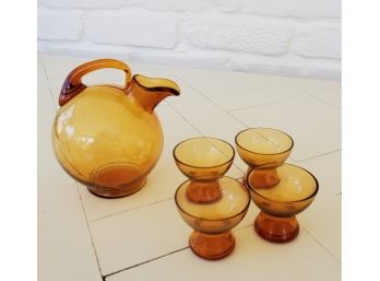 Amber / Brown Handblown Glass Cordial Set - Pitcher And (4) Glasses
