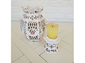 Gorgeous! Hand Painted Casafina Hurricane Lamp With Candle, Made In Portugal