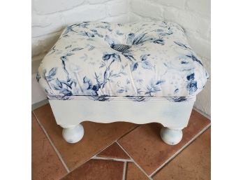 Sweet! Small Vintage Upholstered Blue & White Stool