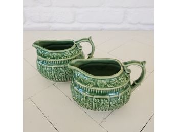 Pair Of Bordallo Pinneiro Green Creamers, Made In Portugal