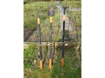 Lot Of (3) Small Garden Tools (shovel, Rake, Cultivator)