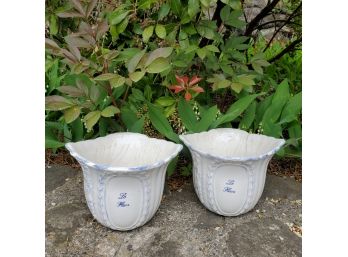 Pair Of Casafina Blue And White Hand Painted Planters 'Le Fleur', Made In Portugal
