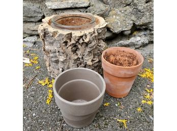 Lot Of (3) Rustic Planters Including One Faux Log Planter