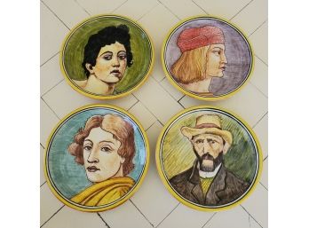 Set Of (4) Dipinto A Mano Portrait Plates With Hangers, G. Casagrande, Gubbio Italy