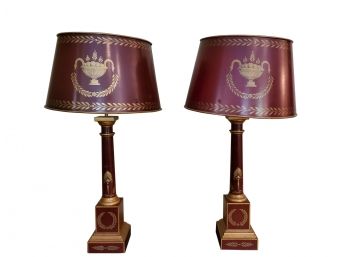 Pair Of Burgundy Column Table Lamps With Gold Accents On Wood Base