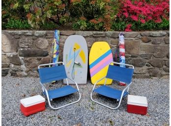 Vintage 'Day At The Beach' Lot For 2! (Boogie Boards, Beach Chairs, Umbrellas, Mini Coolers)