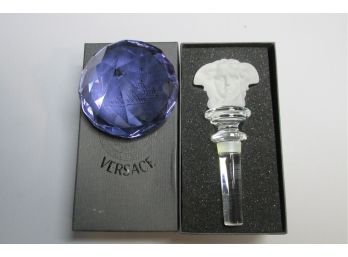 Two Pieces Of Rosenthal Art Glass, Versace Wine Stopper And A Paperweight.