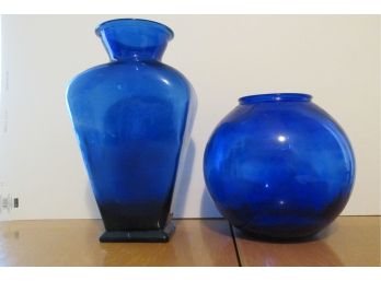 Pair Of Cobalt Blue Large Glass Vases.
