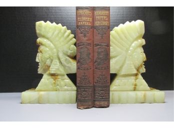 Vintage Carved Onyx ? Native American / Indian Head Bookends.
