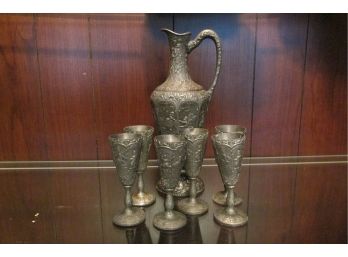 Antique Dutch Pewter Wine Set, Pitcher And 6 Cups.