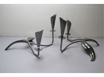 Pair Of Vintage Mid Century Modern MCM Danish Silver Plated Candle Holders.