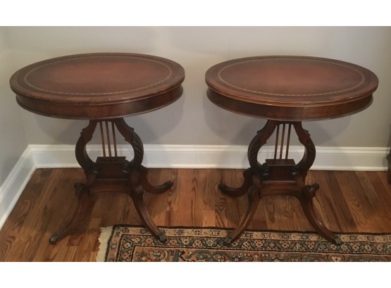 PR. Antique Leather Top Mahogany Oval Harp Tables