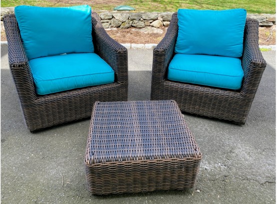 Outdoor Wicker Set - 2 Chairs With Sunbrella Cushions And Ottoman