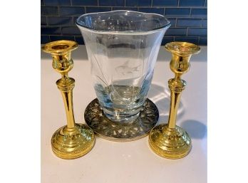 Etched Crystal Vase, Trivet & Gold Toned Heavy Candlesticks