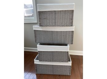 Set Of 4 Identical Gray Container Store Lined Baskets (some Fraying)