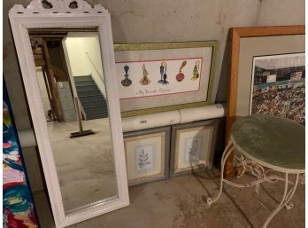 Lot Of 5 Bathroom Decor -  A Vanity Seat, Mirror And 3 Frames