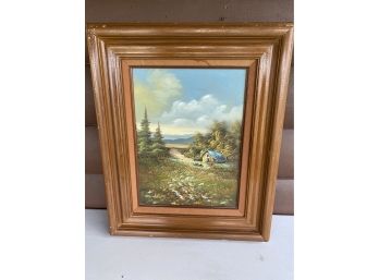 Vintage Oil Painting Of Landscape With Cabin On Canvas Signed David