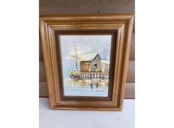 Vintage Oil Painting Of Fishing Boat On Canvas Signed By Alies