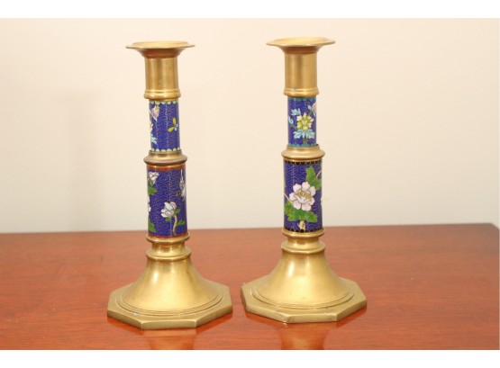 Pair Of Vintage Chinese Cloisonne And Brass Candlesticks