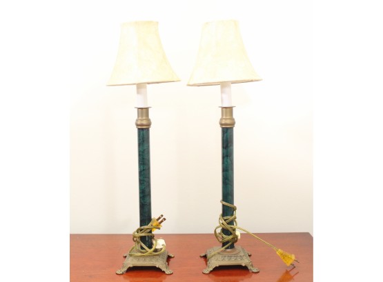 Pair Of Vintage Pair Mid-Century Oriental Brass & Green Granite Color Lamps