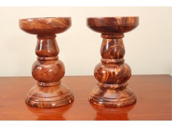 Pair Of Boho Chic Turned Wooden Candle Holders