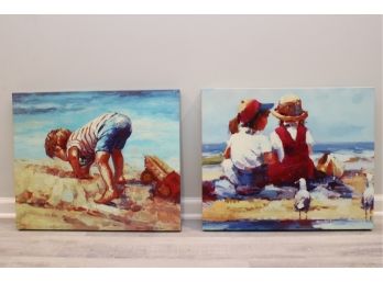Pair Of Giclee Prints Of Children At Beach On Canvas