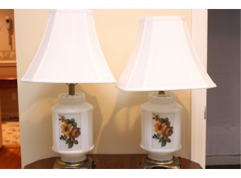 Pair Of Brass And Porcelain Floral Lamps