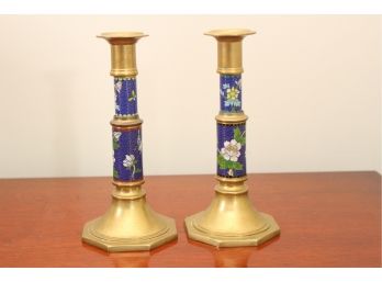 Pair Of Vintage Chinese Cloisonne And Brass Candlesticks