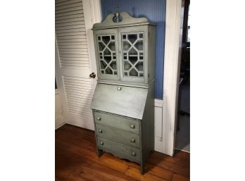 Cute Small Scale Size Bookcase Top Secretary In Old Sage Green Paint - Unusual Smaller Size