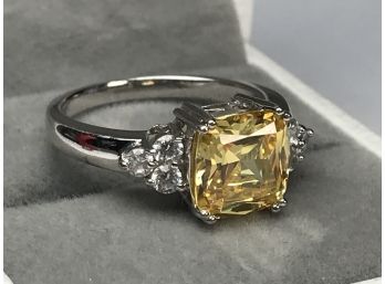 Absolutely Sterling Silver / 925 Ring With Beautiful Canary Yellow Topaz Flanked By White Sapphires