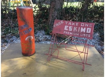 Rare Antique 1930s ESKIMO PIE Cooler / Display With Metal Display Rack For ESKIMO LISTS