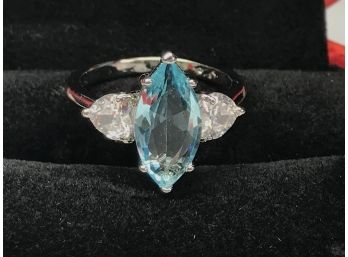 Stunning Sterling Silver / 925 Ring With Marquis Cut Aquamarine & White Topaz - INCREDIBLE ! - You Will Love