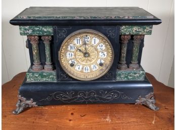 Beautiful Antique Green Marble Finish SETH THOMAS Mantle Clock - Ornate Gold Face - VERY Pretty