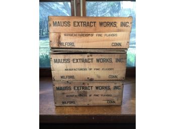 Lot Of Three Vintage / Antique Milford Conn. Crates From MAUSS EXTRACT WORKS - Lots Of Uses !