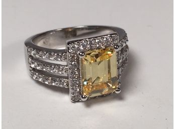 Beautiful Sterling Silver / 925 Yellow Topaz & Channel Set White Zircons - Very Pretty Ring