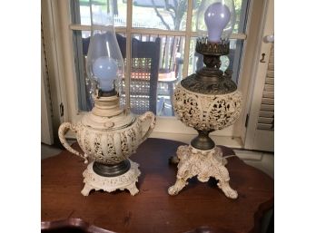 Two Very Ornate Antique Lamp Bases - Painted White - VERY PRETTY Pieces - Converted To Electricity