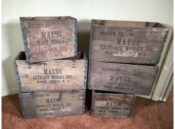 Six Vintage / Antique Mount Vernon NY Crates From MAUSS EXTRACT WORKS - LOTS OF USES - Needs Some  Work