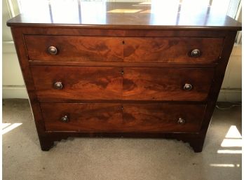Antique American Empire Three Drawer Chest 1840s - 1850s - Book Matched Veneer On Drawer Fronts