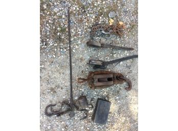 Group Of Antique Items Found In The Barn - Pulley, Scale, Weight, Stirrups & More - All For One Bid