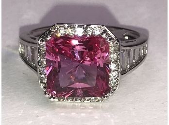 Sterling Silver / 925 Ring With Stunning Rubellite Tourmaline - Very Pretty Ring - With Side Stones