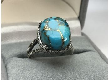 Fantastic Sterling Silver / 925 Ornate Setting With Turquoise Stone With Gold Striations - Beautiful !