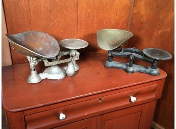 Two Fabulous Antique Scales - Both Cast Iron With Brass Trays - Every Old Farmhouse Had These