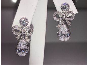 Stunning Sterling Silver / 925 Bow Earrings - Dripping White Sapphires INCREDIBLE PAIR - VERY Expensive Look