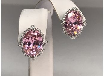 Gorgeous Pair Sterling Silver / 925 Drop Earrings With Pink Tourmaline -pair Encircled With White Zircons