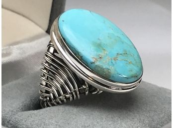 Very Nice Sterling Silver / 925 Wire Ring With Large Oval Blue Turquoise - Very Nice Ring - Hand Made