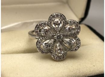 Beautiful Sterling Silver / 925 Floral Ring With White Sapphires  - Very Delicate & Understated