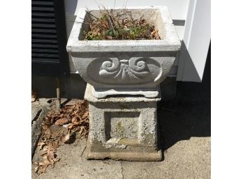 Wonderful Vintage Concrete Garden Urn On Stand - Old White Paint - Nice Old Piece