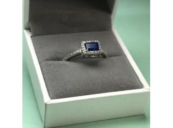 Fabulous Sterling Silver / 925 Ring  With Nice Deep Blue Sapphire - Encircled With White Sapphires